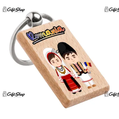 Copii port popular romania, breloc din lemn, model 003